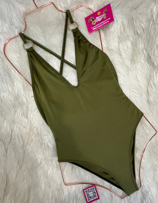 Deep V Olive Green One-Piece Swimsuit