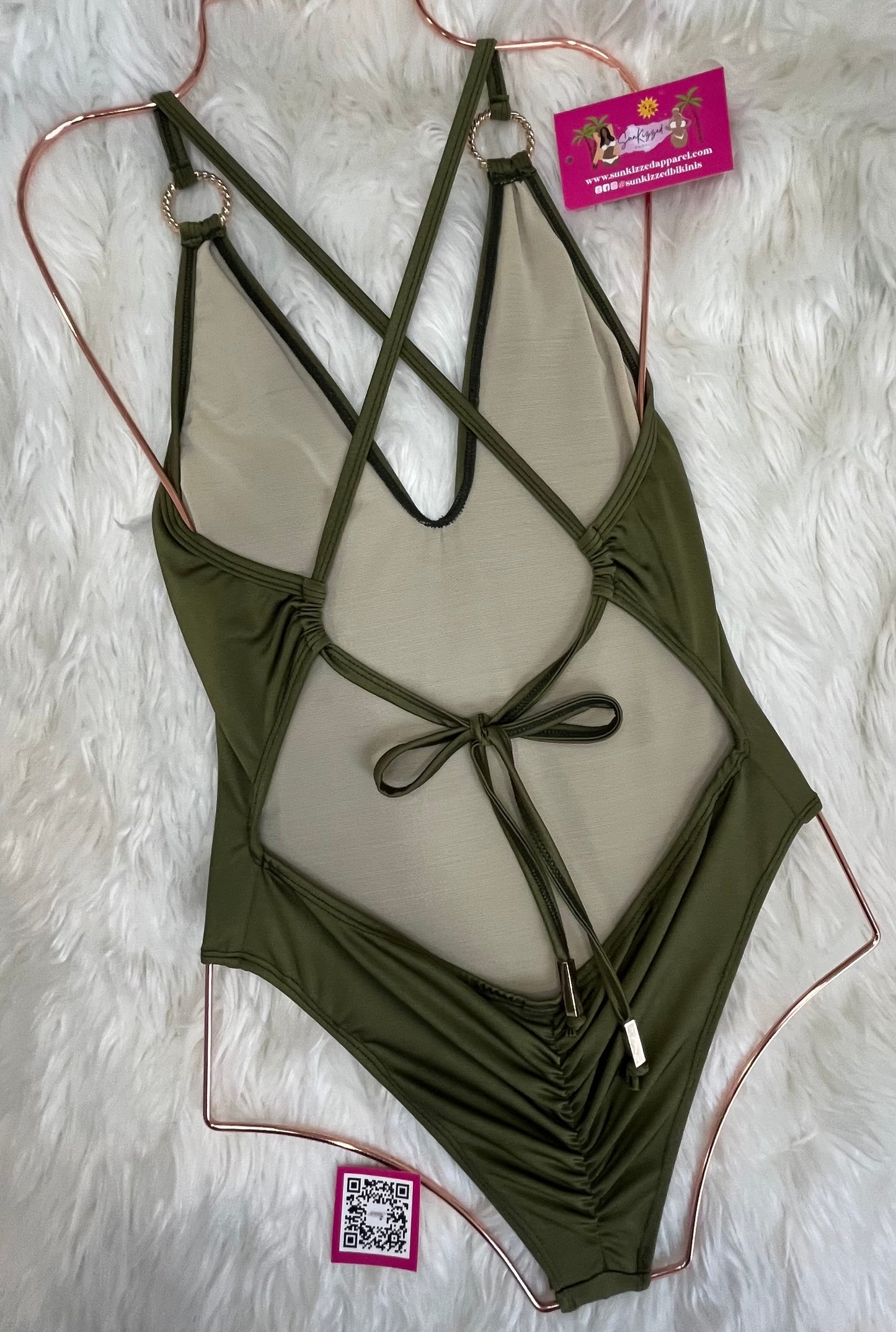 Deep V Olive Green One-Piece Swimsuit