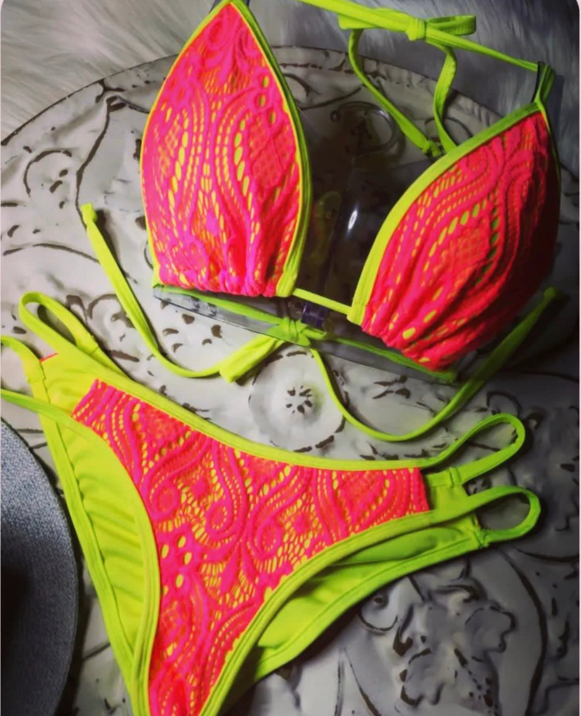 Neon Yellow with Pink Lace Bikini