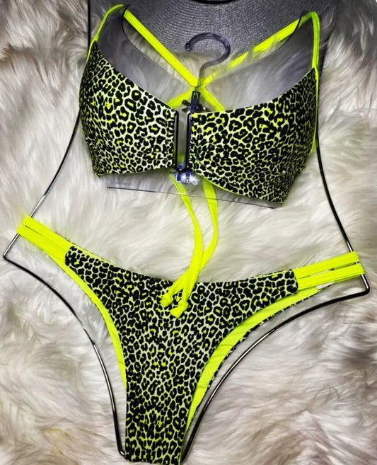 Neon Yellow with Black Leopard Print Bikini