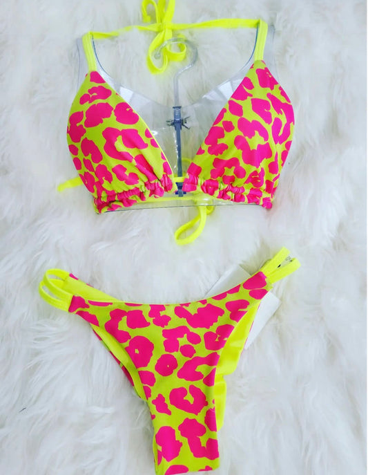 Neon Yellow with Hot Pink Leopard Print Bikini