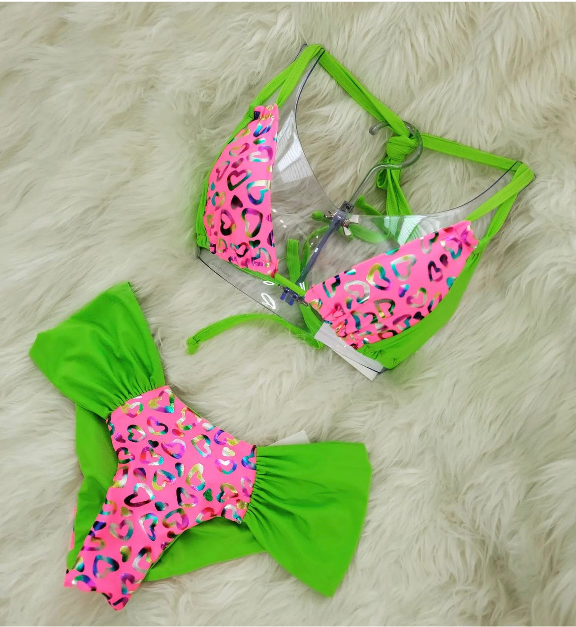 Lime green and hot pink with iridescent hearts bikini