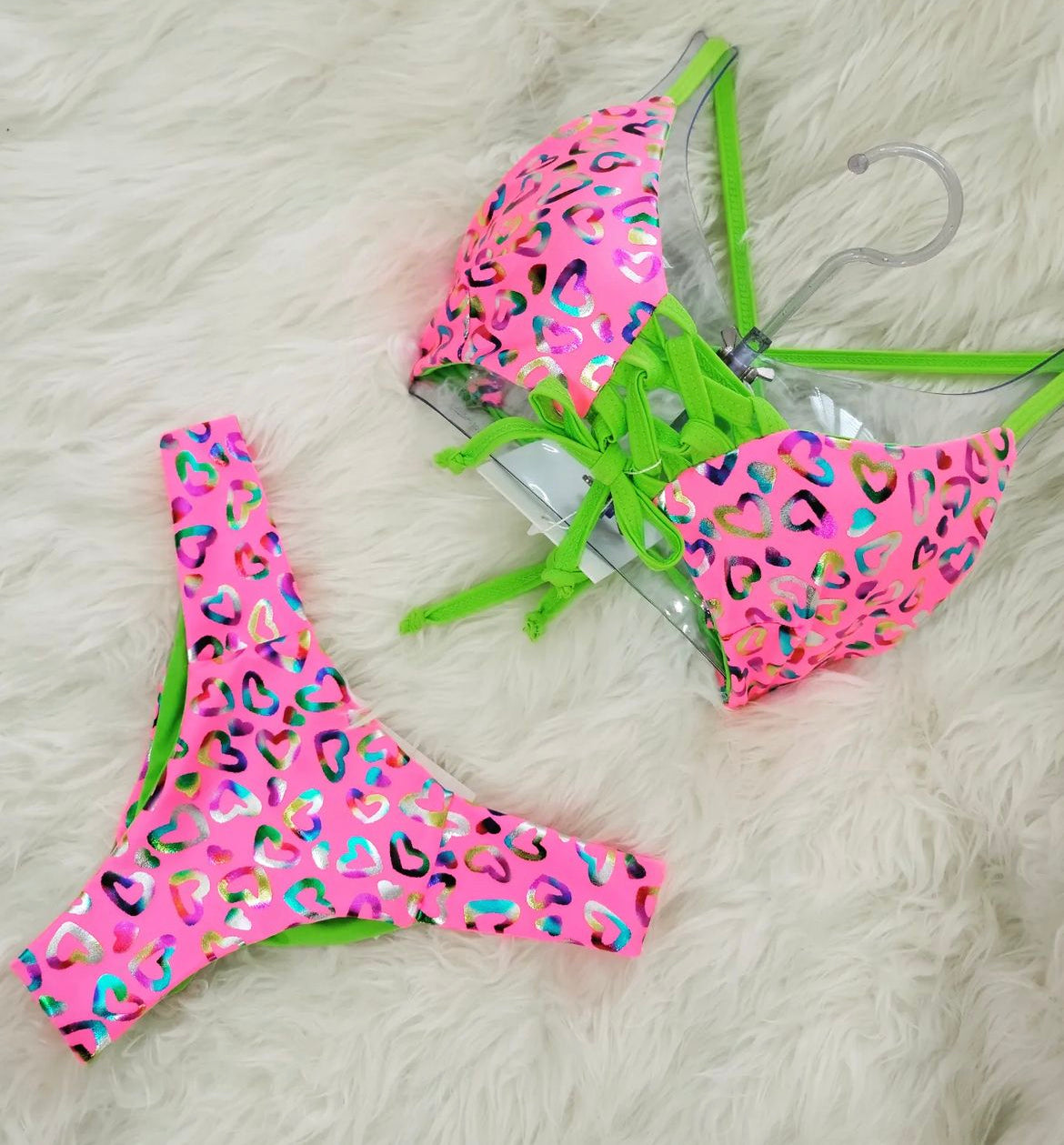 Pink and Green with Iridescent Hearts Bikini