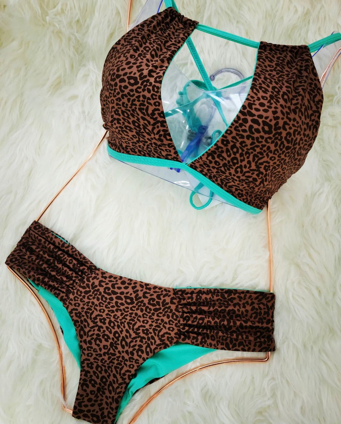 Teal with Brown Leopard Print Bikini