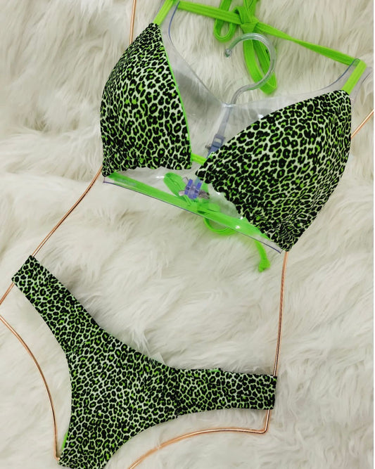 Green and black leopard print bikini